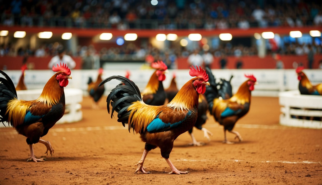 Arena sabung ayam online yang ramai dengan ayam jantan berwarna-warni sedang bertanding