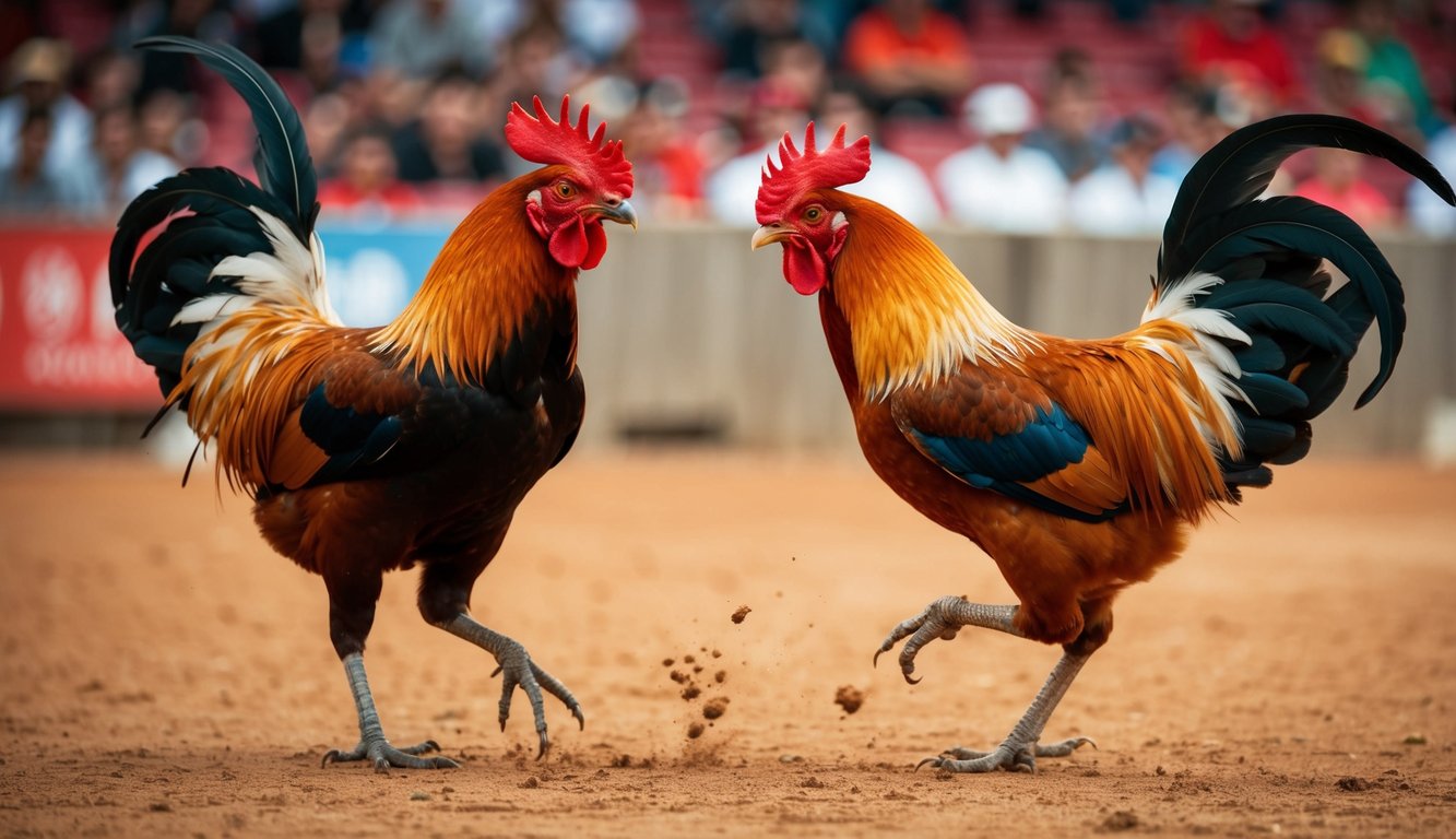 Dua ayam jantan bertarung dalam acara sabung ayam yang disiarkan langsung