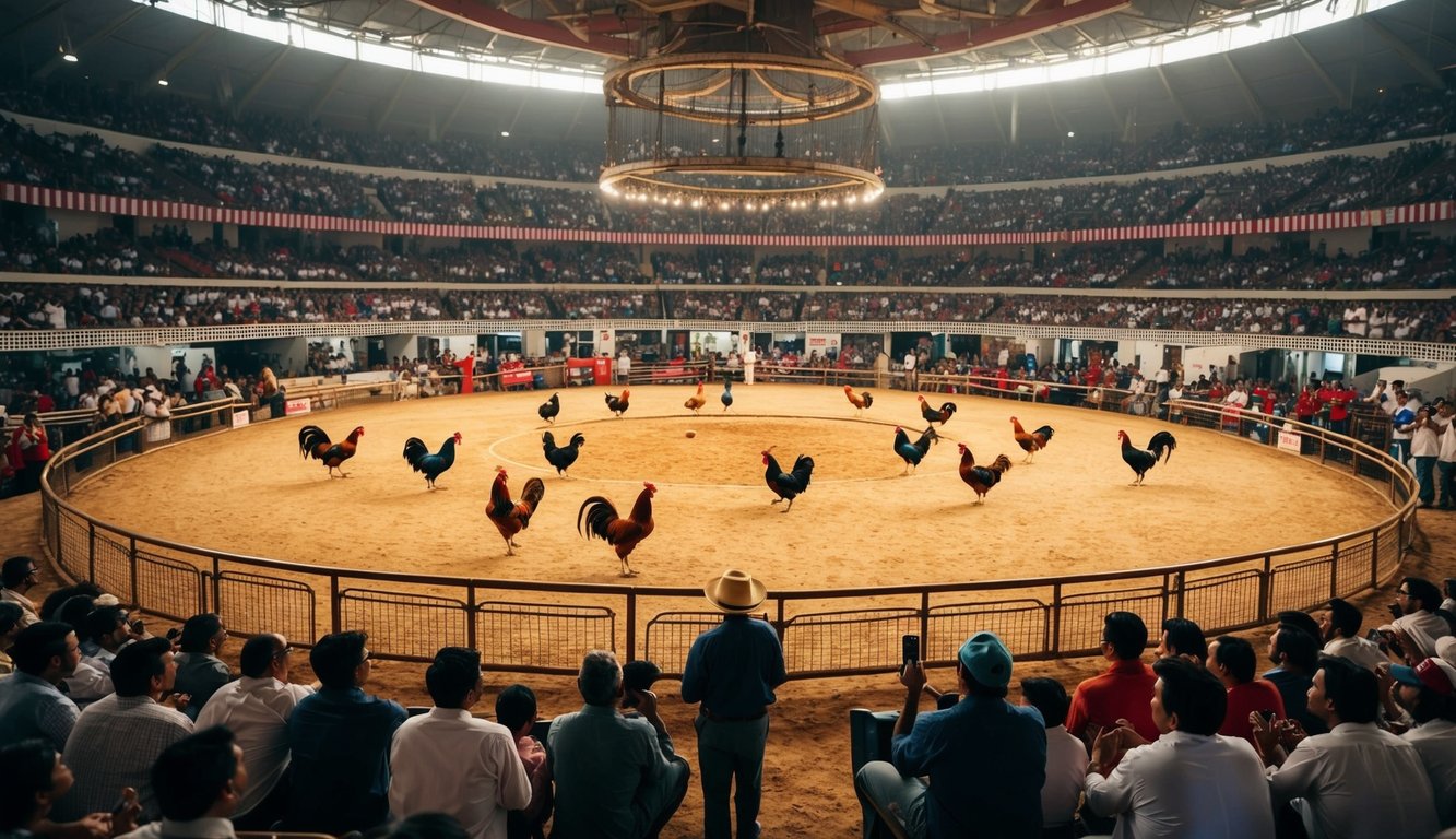 Sebuah arena sabung ayam resmi yang ramai dengan penonton yang bersorak dan ayam jantan berwarna-warni di tengah ring