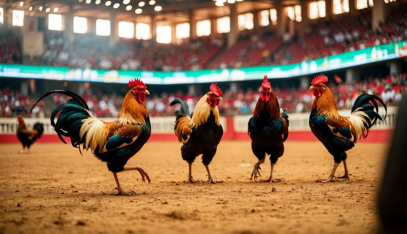 Sebuah arena sabung ayam yang hidup dengan penonton yang bersorak dan ayam jantan di tengah pertarungan sengit