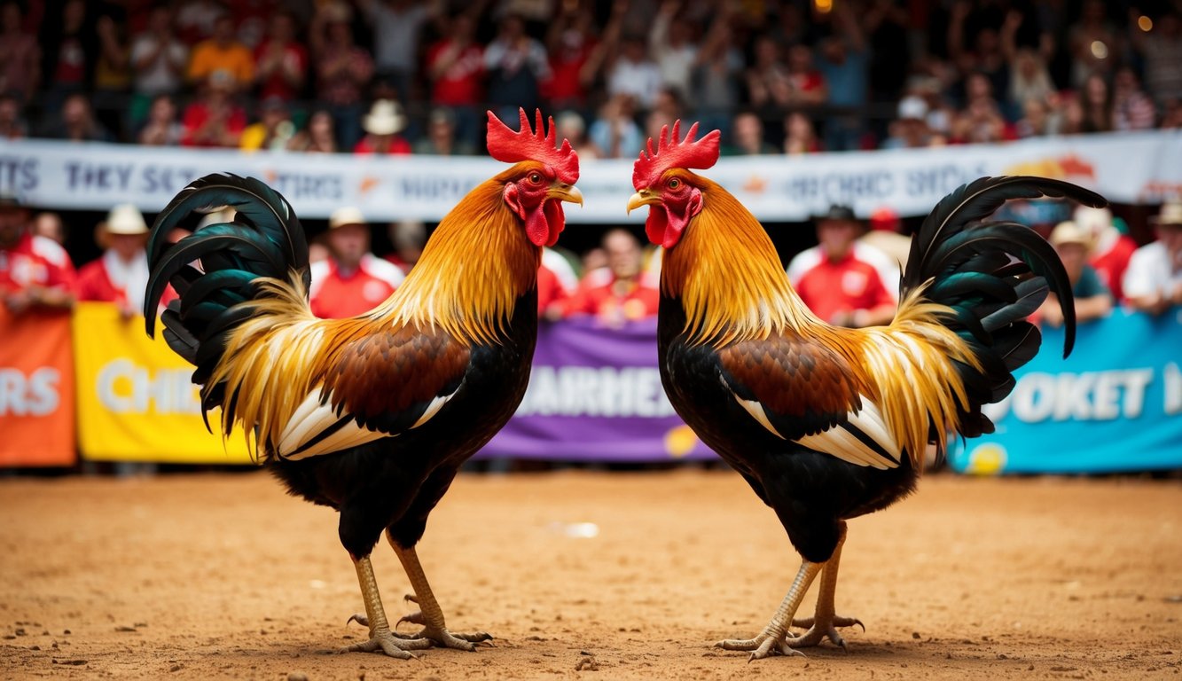 Dua ayam jantan berhadapan di arena yang ramai, dikelilingi oleh penonton yang bersorak dan spanduk berwarna-warni