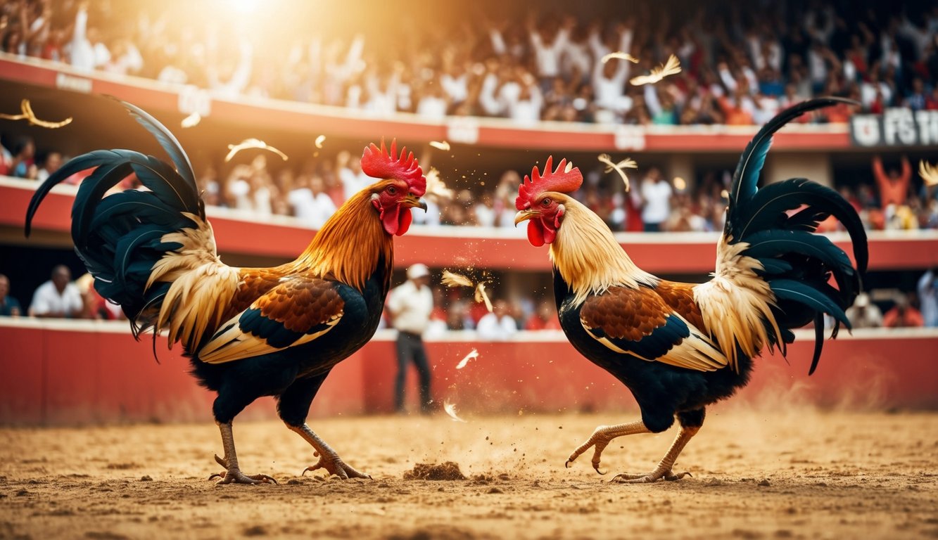 Sebuah arena yang ramai dengan penonton yang bersorak, dua ayam jantan berhadapan dalam pertarungan sengit, bulu-bulu beterbangan saat mereka bertarung dalam pertandingan sabung ayam tradisional