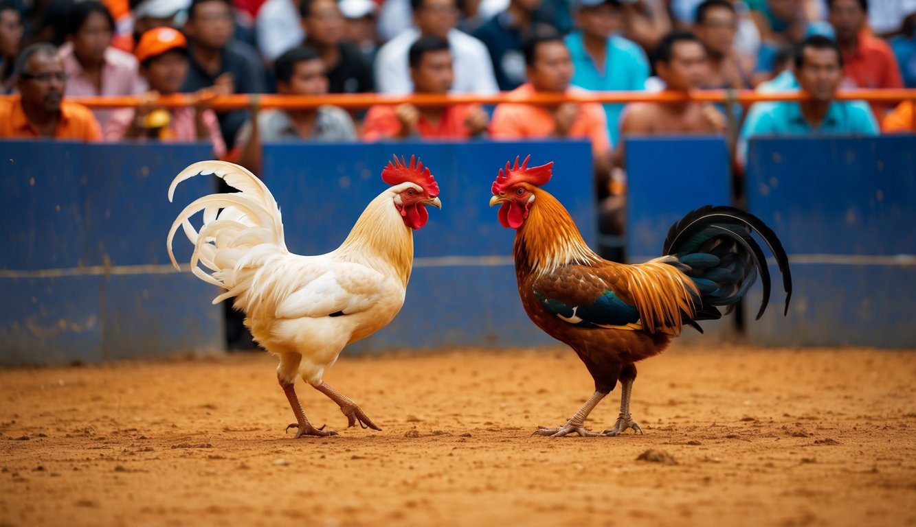 Sebuah arena sabung ayam di Indonesia yang ramai dengan penonton yang bersorak dan dua ayam jantan yang terlibat dalam pertarungan