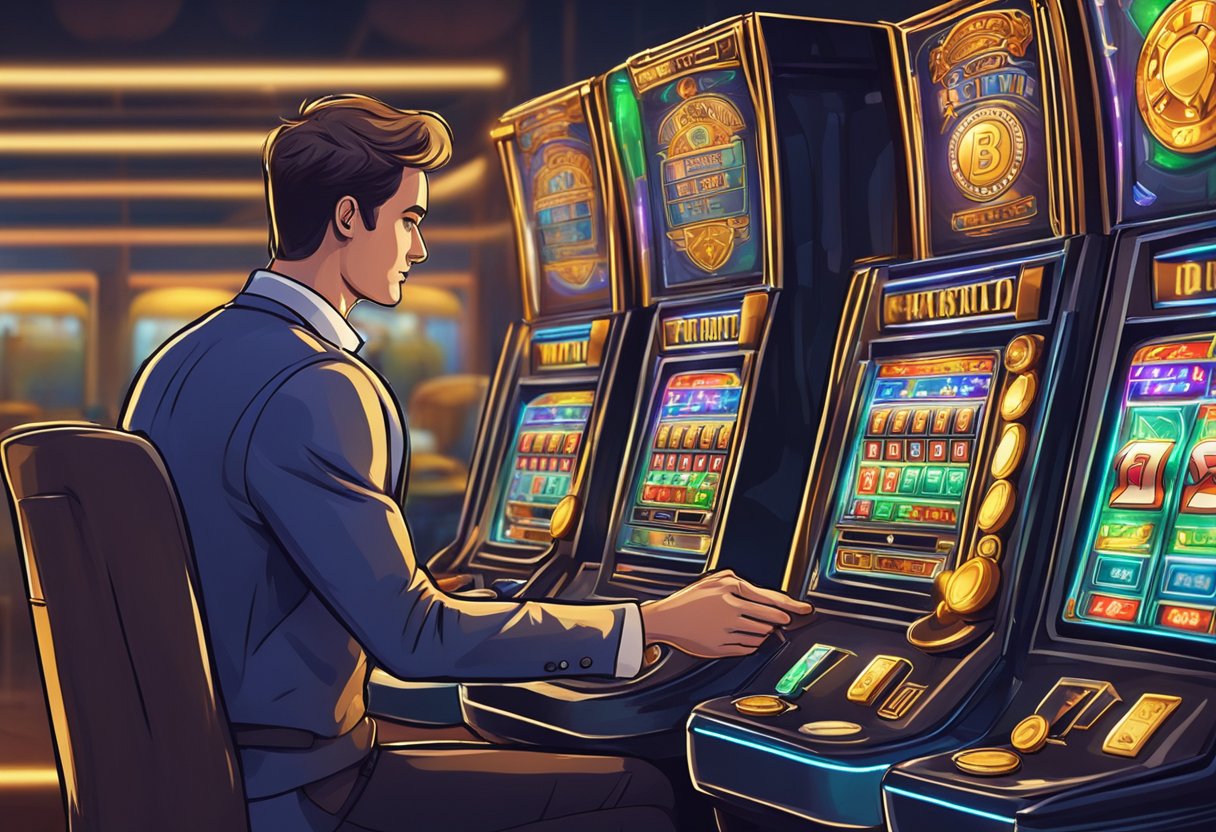 A casino player using cryptocurrency at a slot machine, with a shield of privacy surrounding the transaction