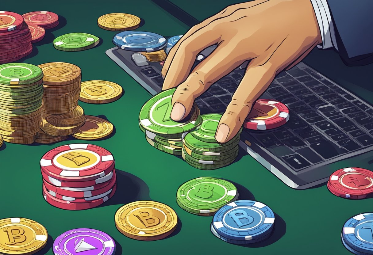 A casino chip being securely and discreetly transferred via a digital cryptocurrency transaction