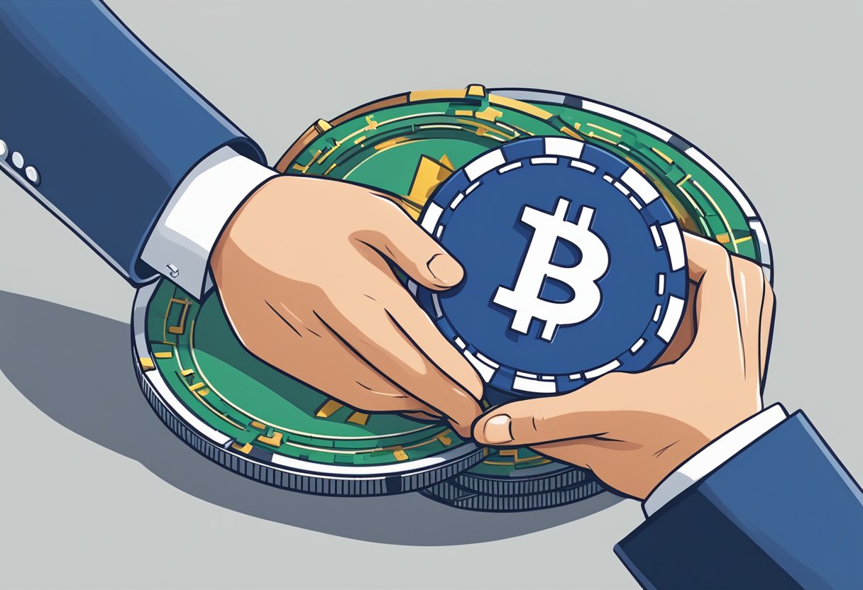 A casino chip being exchanged for a cryptocurrency token, with a smaller fee visibly deducted