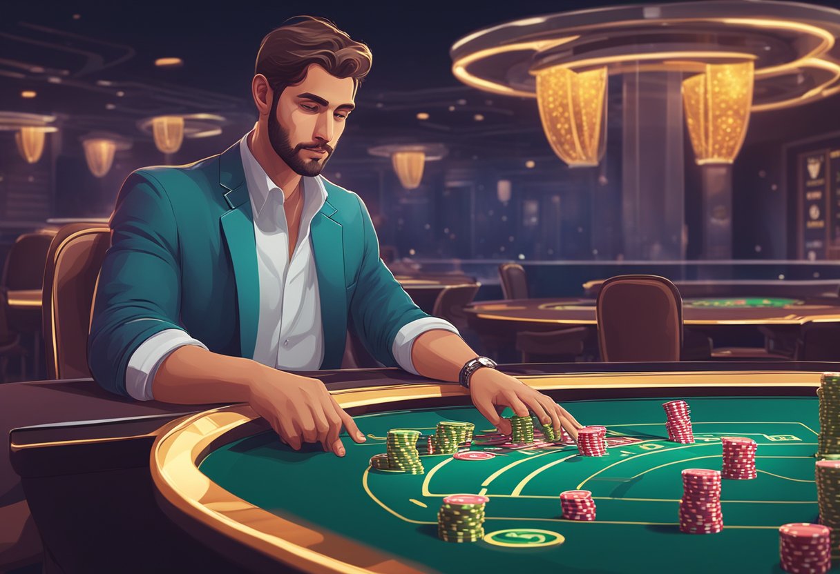 A casino player discreetly making a crypto transaction at a gaming table