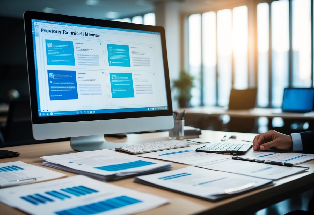 Une table recouverte de documents techniques et un écran d'ordinateur affichant des mémos techniques précédents