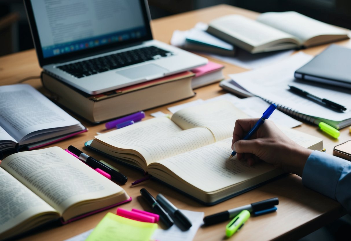 Un bureau en désordre avec des livres ouverts, des papiers éparpillés et un ordinateur portable, entouré de stylos et de surligneurs. La main d'une personne est vue en train d'écrire des notes dans un carnet.