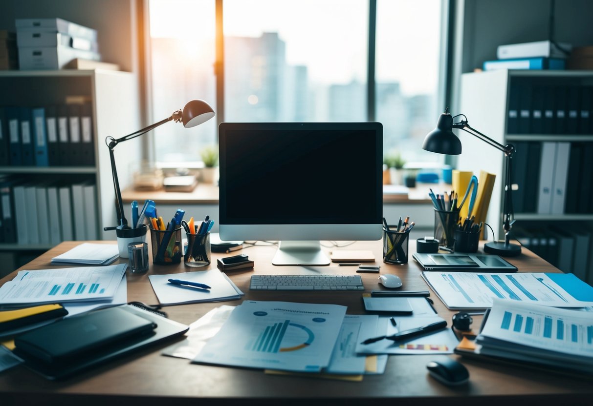 Un bureau encombré avec divers fournitures techniques, telles que des stylos, du papier, des règles et un ordinateur, entouré de manuels ouverts et de documents techniques.