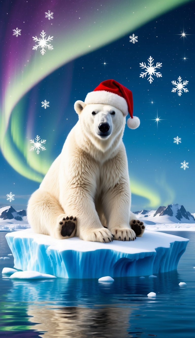 A polar bear wearing a Santa hat sits on an iceberg surrounded by twinkling stars and snowflakes, with a colorful aurora borealis in the sky