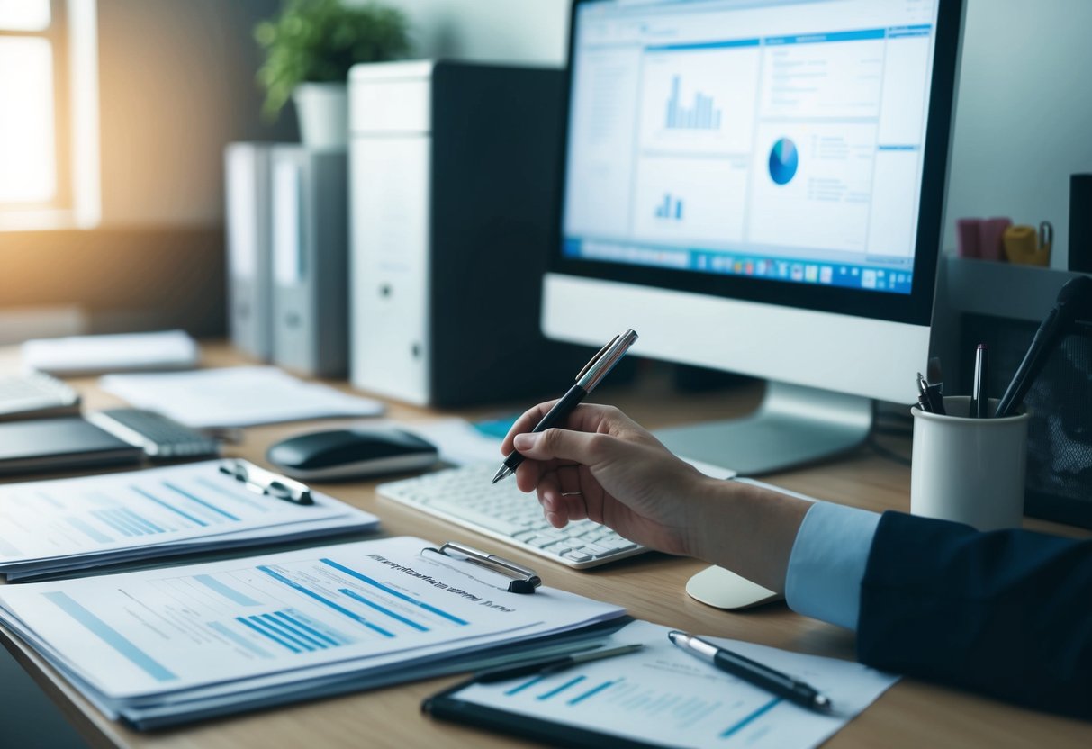 Un bureau en désordre avec des documents techniques, un ordinateur et des fournitures de bureau. La main d'une personne tendue vers un stylo.