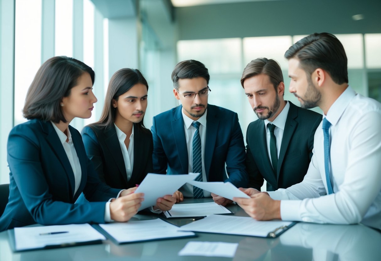 Un groupe de professionnels discutant de documents juridiques dans un cadre de bureau moderne.