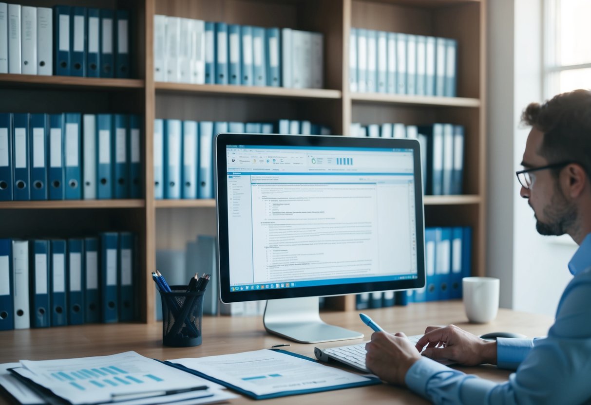 Un bureau avec un ordinateur, des papiers et un stylo. Une étagère remplie de manuels techniques. Une personne travaillant sur un document technique.