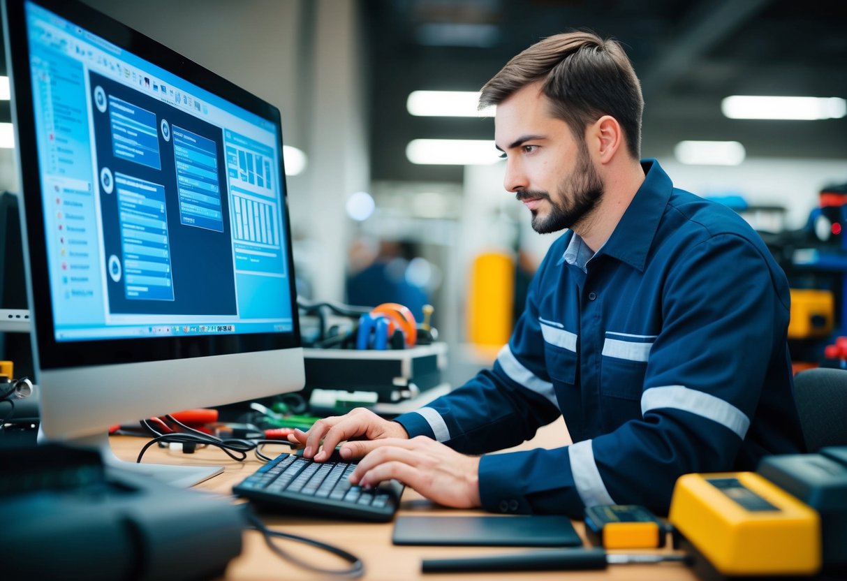 Un technicien utilisant un ordinateur pour accéder et organiser des informations et des services techniques, entouré de divers outils et équipements.