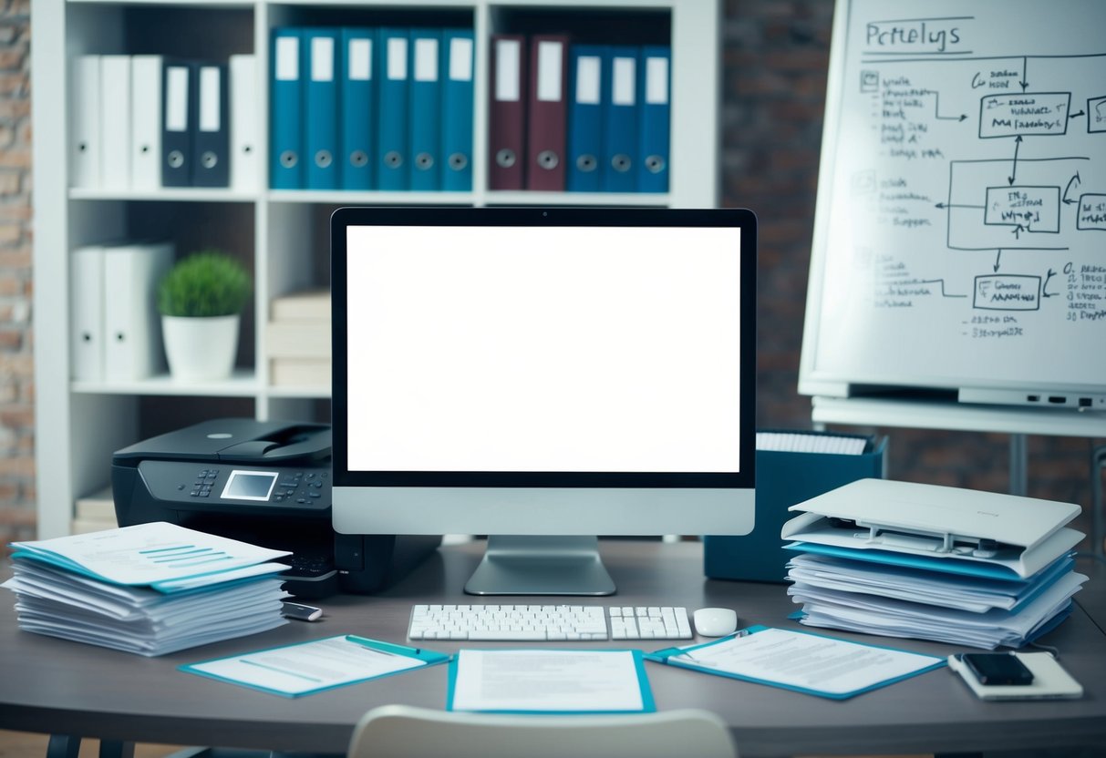 Un bureau avec un ordinateur, une imprimante et des documents bien organisés, entouré d'étagères de matériaux de référence et d'un tableau blanc avec des diagrammes.