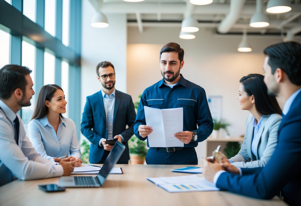 Un technicien présentant un rapport technique à un groupe de collègues dans un cadre de bureau moderne.