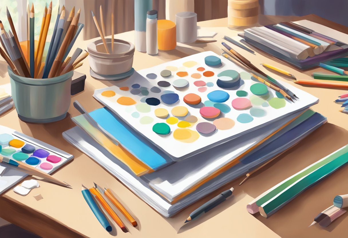 A peaceful art therapy session with various art supplies scattered on a table, soft lighting, and a comfortable chair for the client