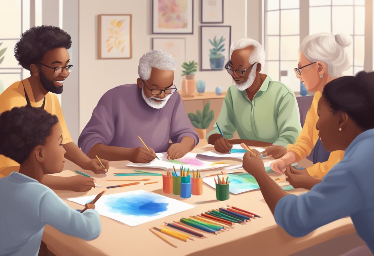 A diverse group of people of different ages and backgrounds engaging in art therapy activities together in a peaceful and supportive environment