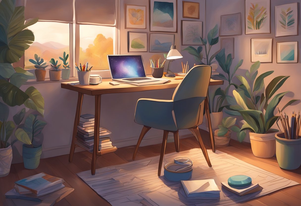 A cozy room with a table covered in art supplies, soft lighting, and a comfortable chair for a person to sit and create art for stress relief
