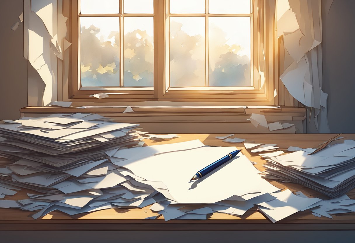 A pen hovers over a blank page, surrounded by torn scraps of paper. Light streams in through a window, casting long shadows across the desk