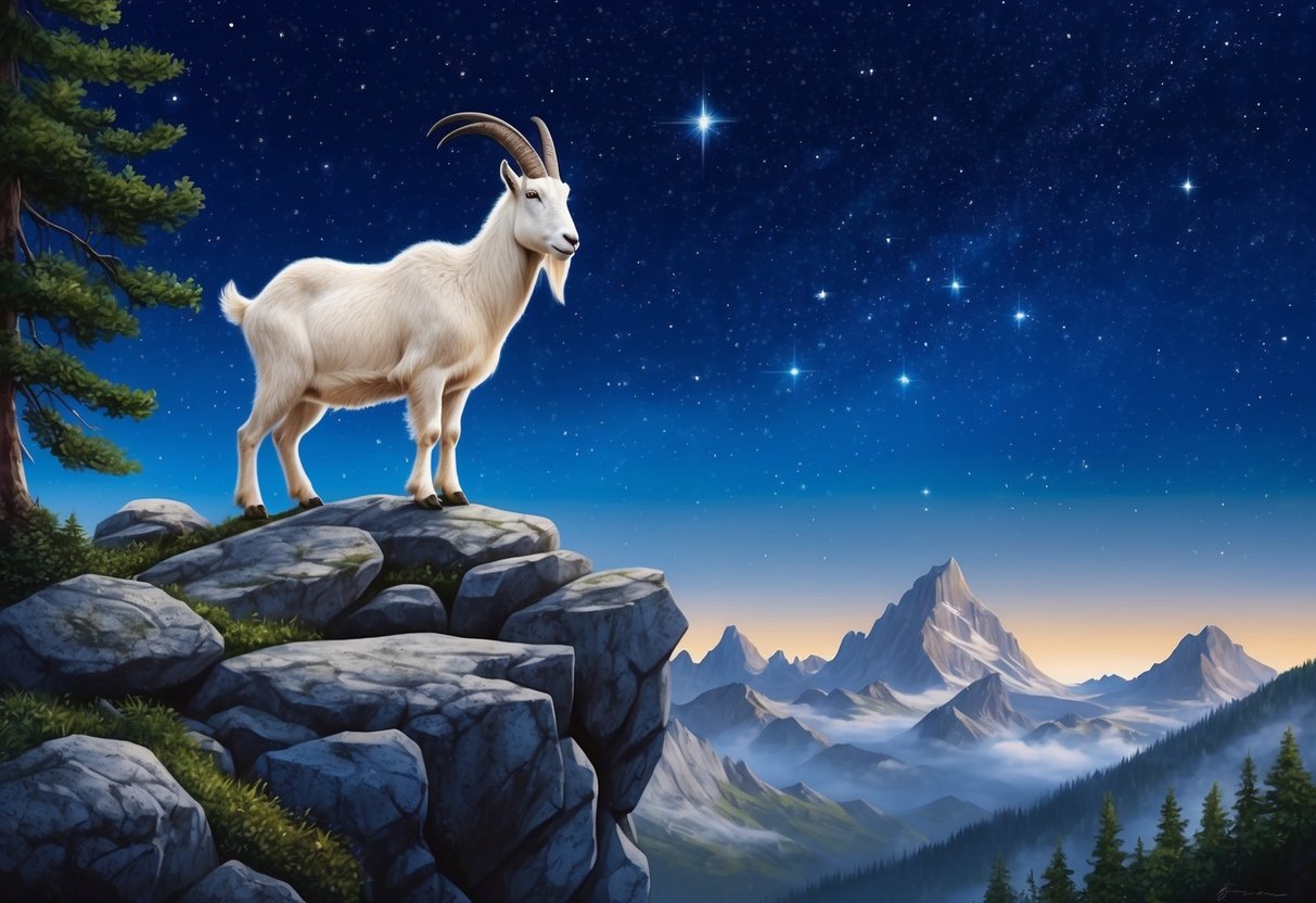 A serene mountain goat standing proudly atop a rocky cliff, gazing out at a starry night sky