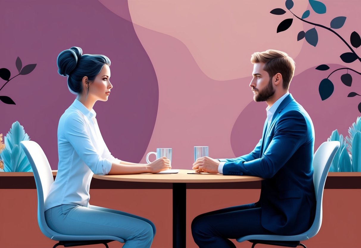 A Capricorn sits across from a partner, both focused and composed. Their body language conveys stability and commitment