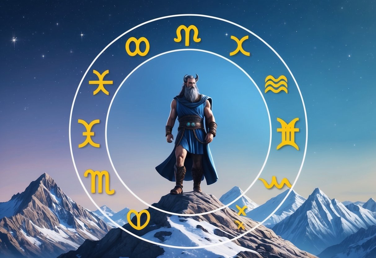 A stoic Capricorn stands on a mountain peak, surrounded by a circle of zodiac symbols representing compatibility with other signs