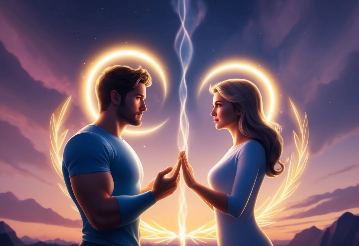 A male and female Capricorn symbol stand facing each other with a glowing aura of harmony and understanding between them