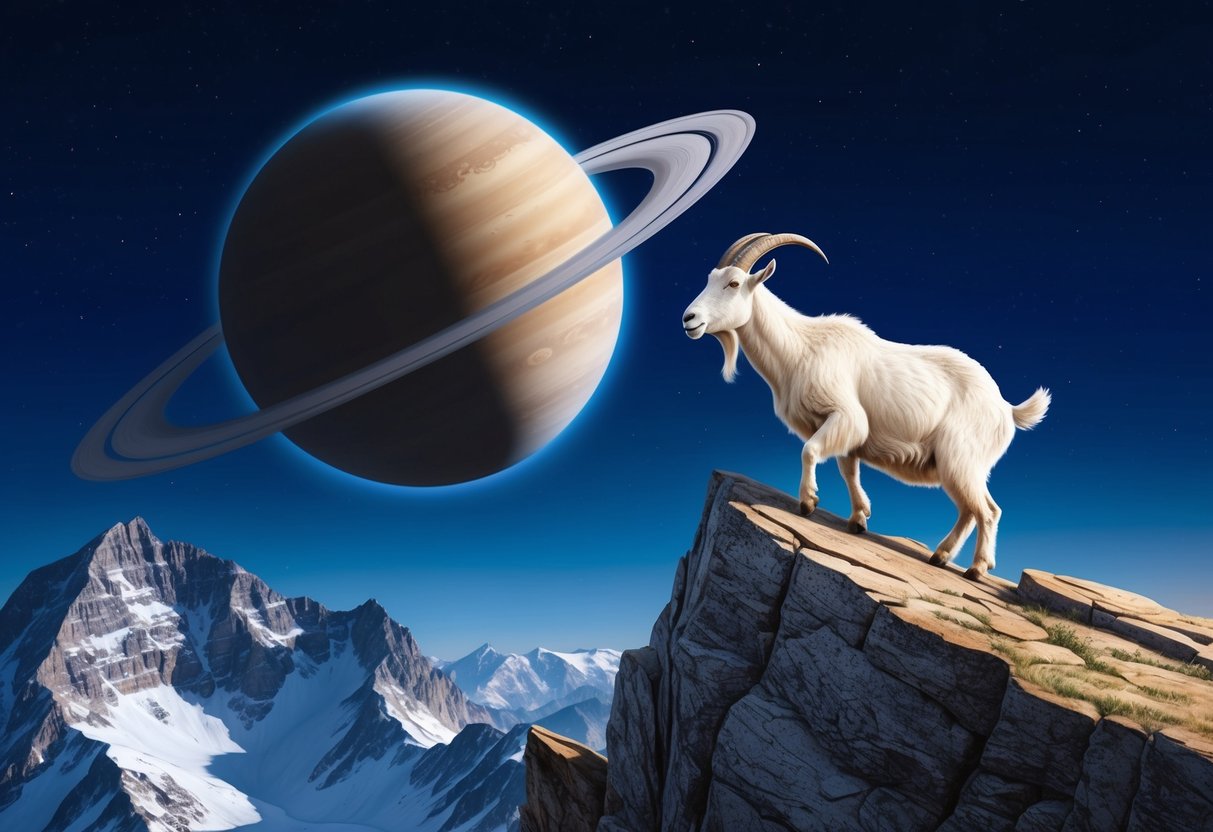 A mountain goat confidently climbing a steep, rocky peak under the watchful gaze of a large, powerful planet in the night sky