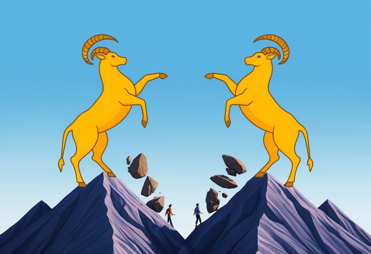 Two Capricorn symbols stand atop a mountain, facing each other, with a series of obstacles and challenges between them