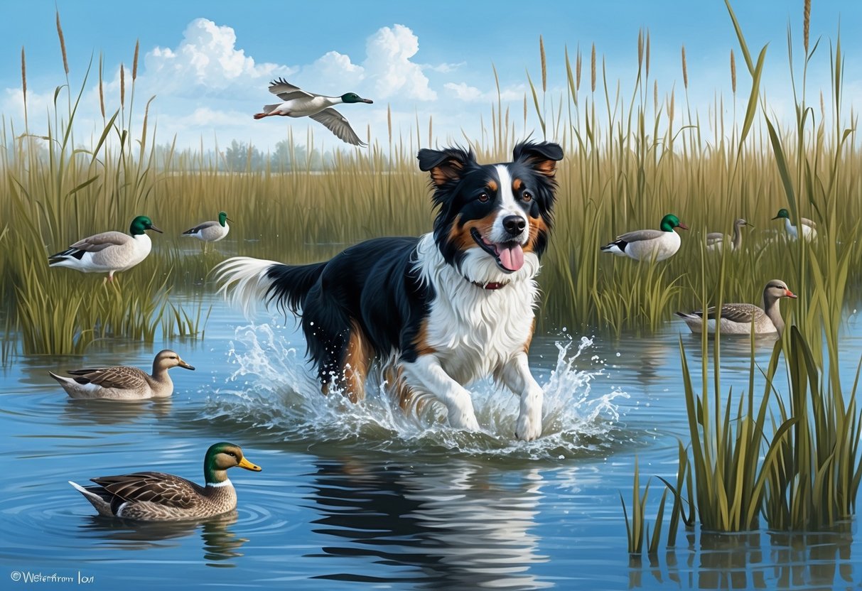 A Wetterhoun dog splashes through a marshy wetland, surrounded by tall reeds and waterfowl