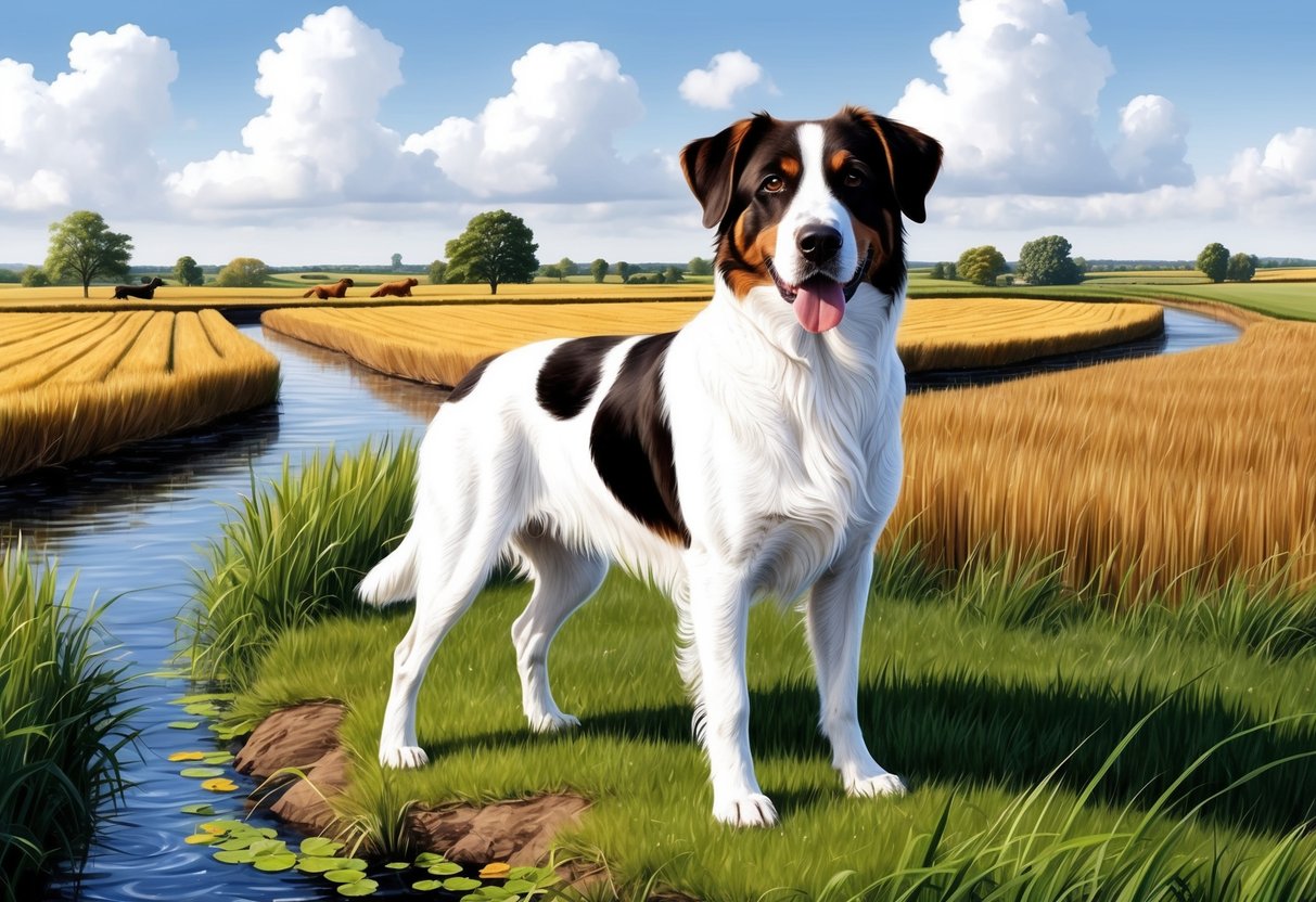 A Wetterhoun dog stands proudly in a Dutch countryside setting, surrounded by fields and waterways, reflecting its origins as a versatile hunting and water dog