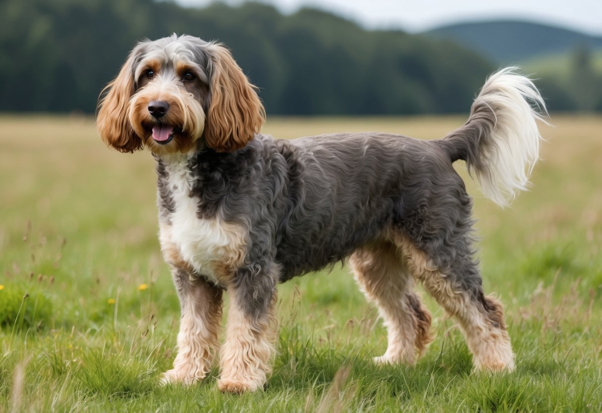 A Wetterhoun dog standing in a field, with a wavy, curly coat, long ears, and a sturdy build