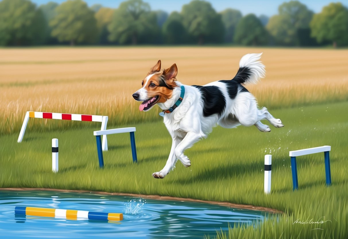 A Wetterhoun dog running through a field, jumping over hurdles, and swimming in a pond during a training and exercise session