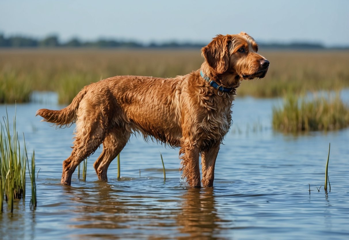 A Wetterhoun dog stands alert in a marshy wetland, its keen eyes scanning the water for signs of prey. The dog's muscular build and thick, curly coat suggest its readiness for hunting and sporting activities