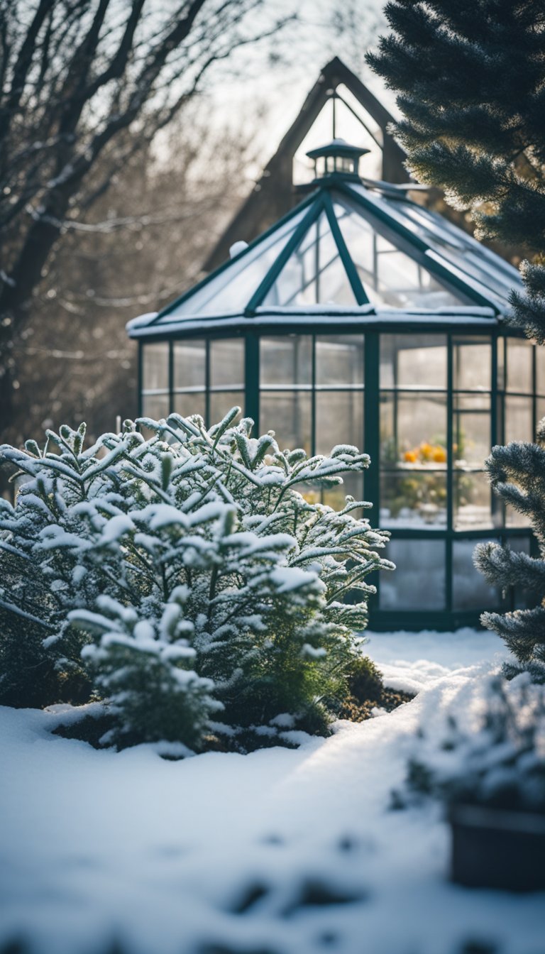 Snow-covered garden with bare trees, frosty soil, and evergreen shrubs. A small greenhouse stands in the background, with a few winter vegetables peeking out from the cold ground