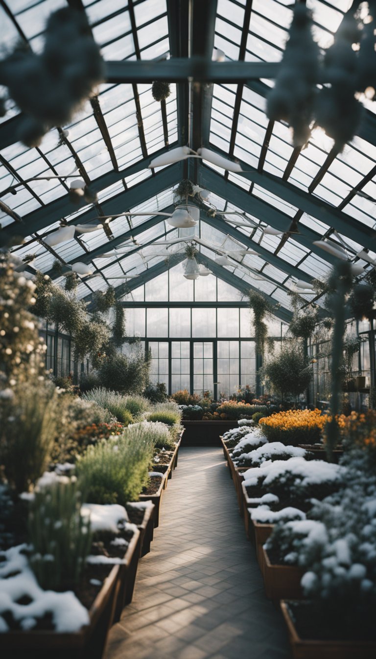 A cozy greenhouse filled with thriving winter plants, surrounded by snow-covered gardens and a serene, frosty landscape