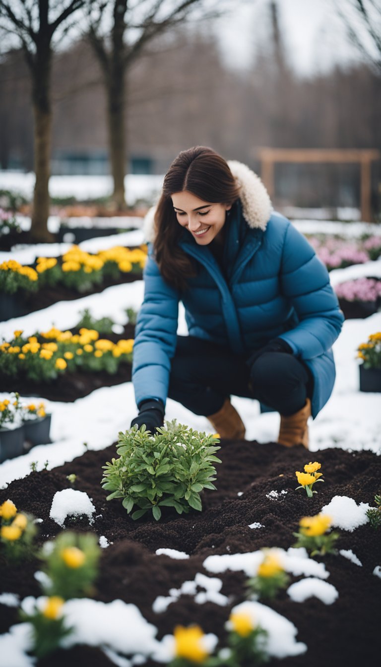 A person planting winter-appropriate flowers in a garden bed, surrounded by snow-covered ground and bare trees