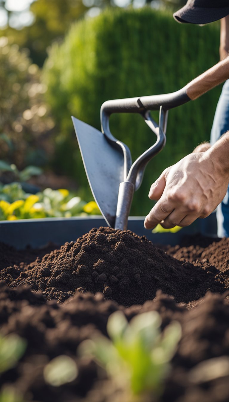 A gardener applies organic fertilizer to soil in a winter garden bed, using a shovel to mix the nutrients into the earth