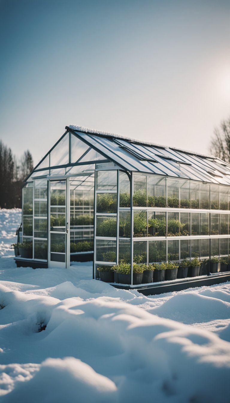 A greenhouse nestled in a snowy landscape, with rows of plants thriving in the warm microclimate created by the protective structure