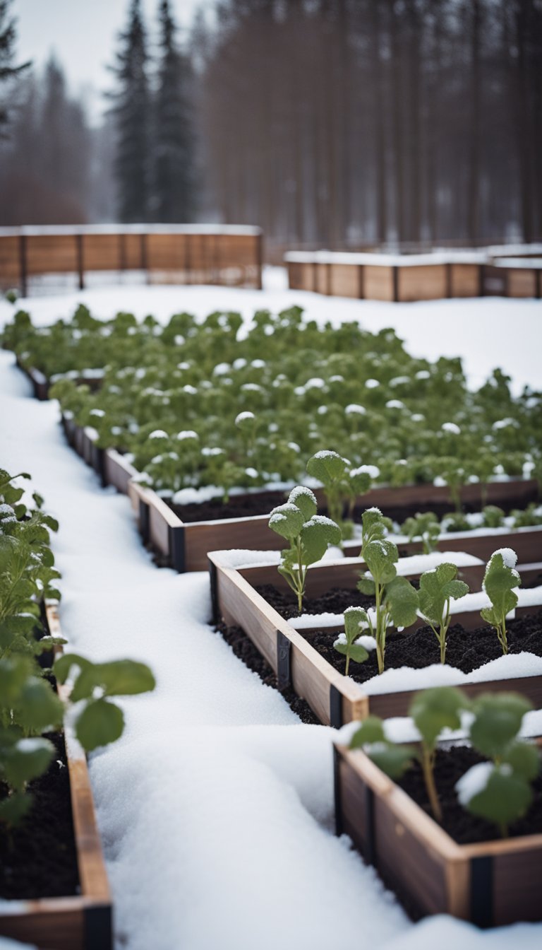 A garden plot with raised beds and drip irrigation system, surrounded by snow-covered landscape