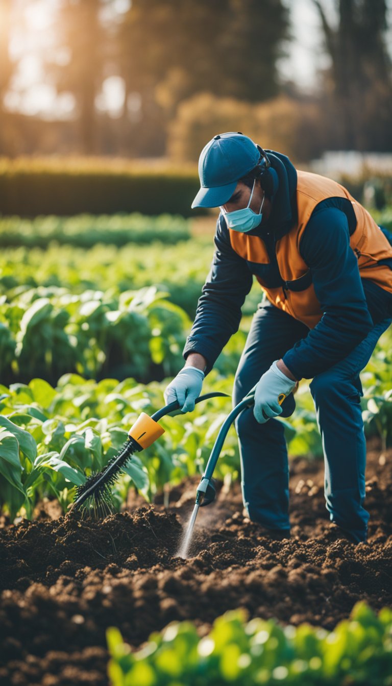 A gardener applying organic pest control to winter crops