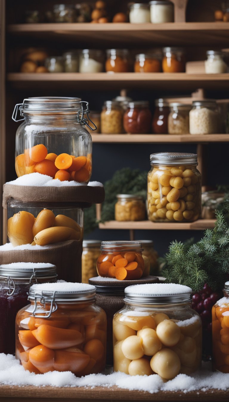 A figure bundles root vegetables in a snow-covered garden, while another stacks jars of preserves in a cozy pantry