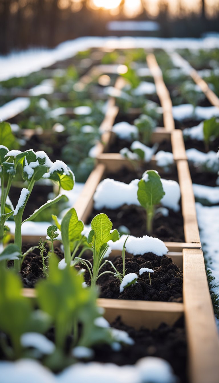 A snow-covered garden with a variety of winter vegetables growing alongside empty beds being prepared for succession planting