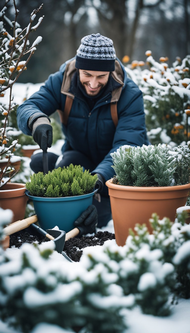 A person tending to winter garden beds, surrounded by snow-covered plants and pots, with a stack of gardening tools nearby