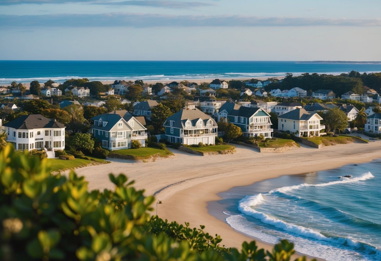 Uma tranquila cidade costeira com praias de areia, ondas ondulantes e encantadoras propriedades imobilirias aninhadas entre a vegetao exuberante.