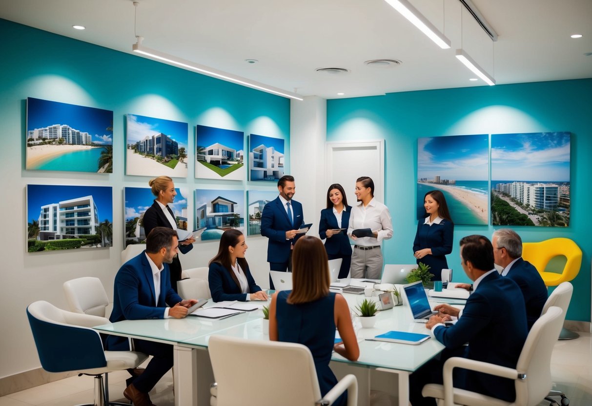 Um movimentado escritrio de imveis em Imbituba, com agentes ocupados mostrando propriedades e clientes discutindo opes. As paredes esto adornadas com imagens de vrios tipos de propriedades, desde casas  beira-mar at apartamentos modernos.