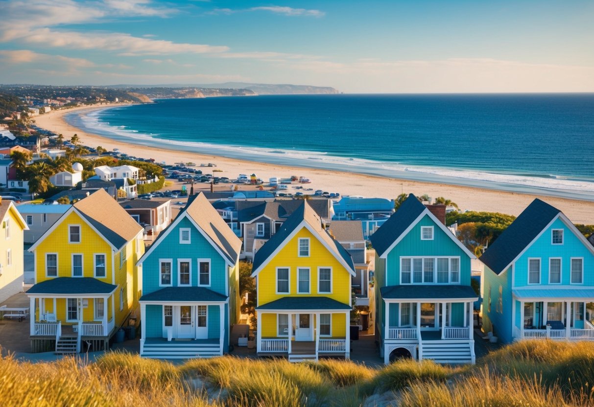 Uma aconchegante cidade praiana com casas coloridas, um movimentado escritrio de imveis e uma bela costa ao fundo.