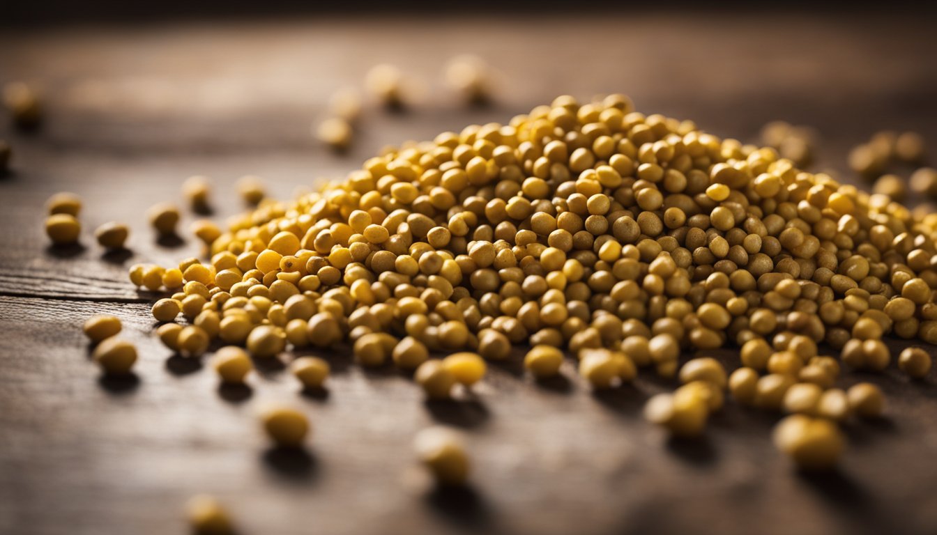 Mustard seeds scattered on aged wood, close-up. Varied shades and textures under soft window light, casting delicate shadows